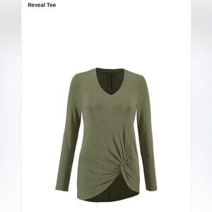 CABI Reveal Tee - Olive Green V-Neck Twist Hem Long Sleeve Top